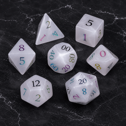 Chromatic Whisper - Gemstone Dice Set Chromatic Whisper | White Rainbow 7-Piece Gemstone DnD Dice Set for RPGs