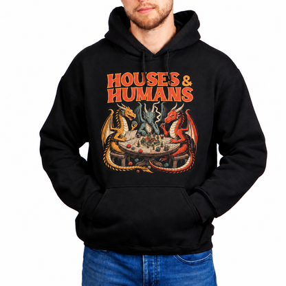 Male model wearing Houses & Humans black DnD hoodie
