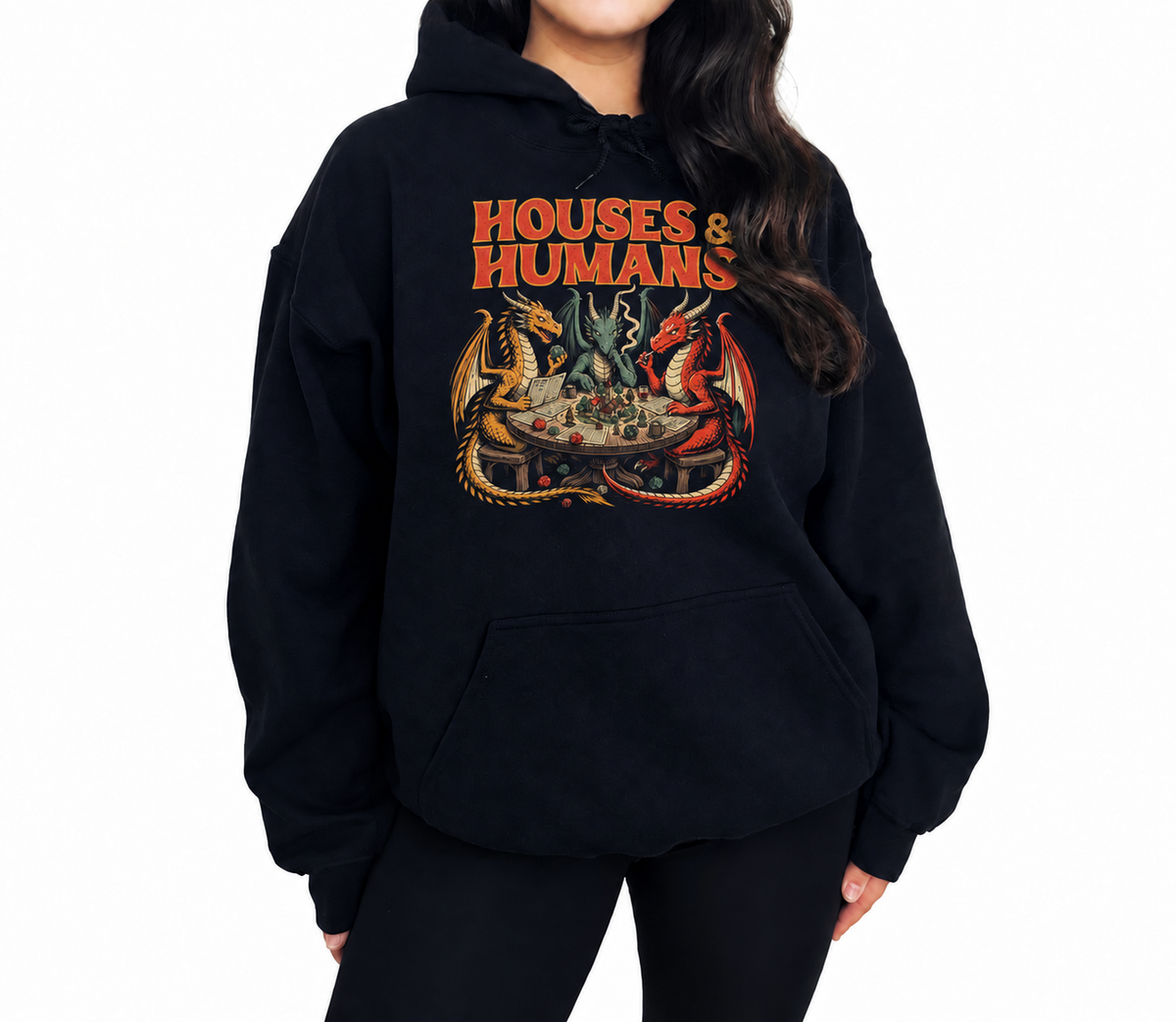 Female model wearing Houses & Humans black DnD hoodie