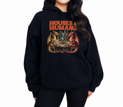 Female model wearing Houses & Humans black DnD hoodie