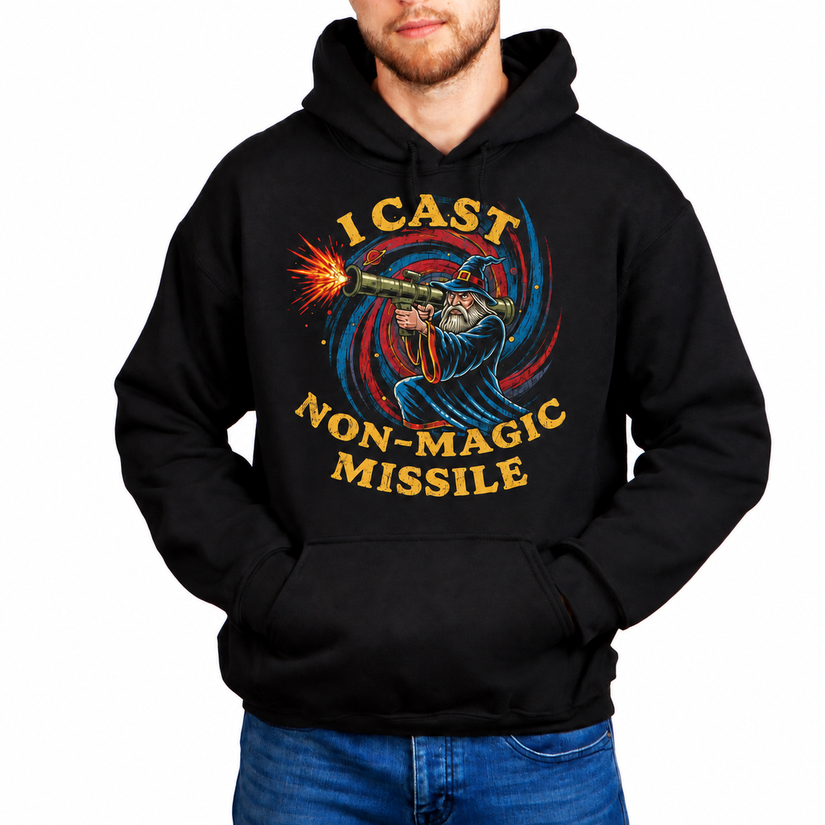 Male model wearing I Cast Non-Magic Missile black D&D hoodie