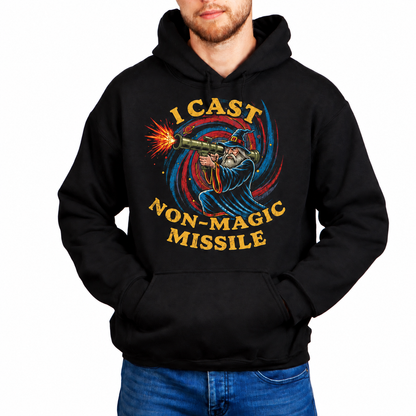 Male model wearing I Cast Non-Magic Missile black D&D hoodie