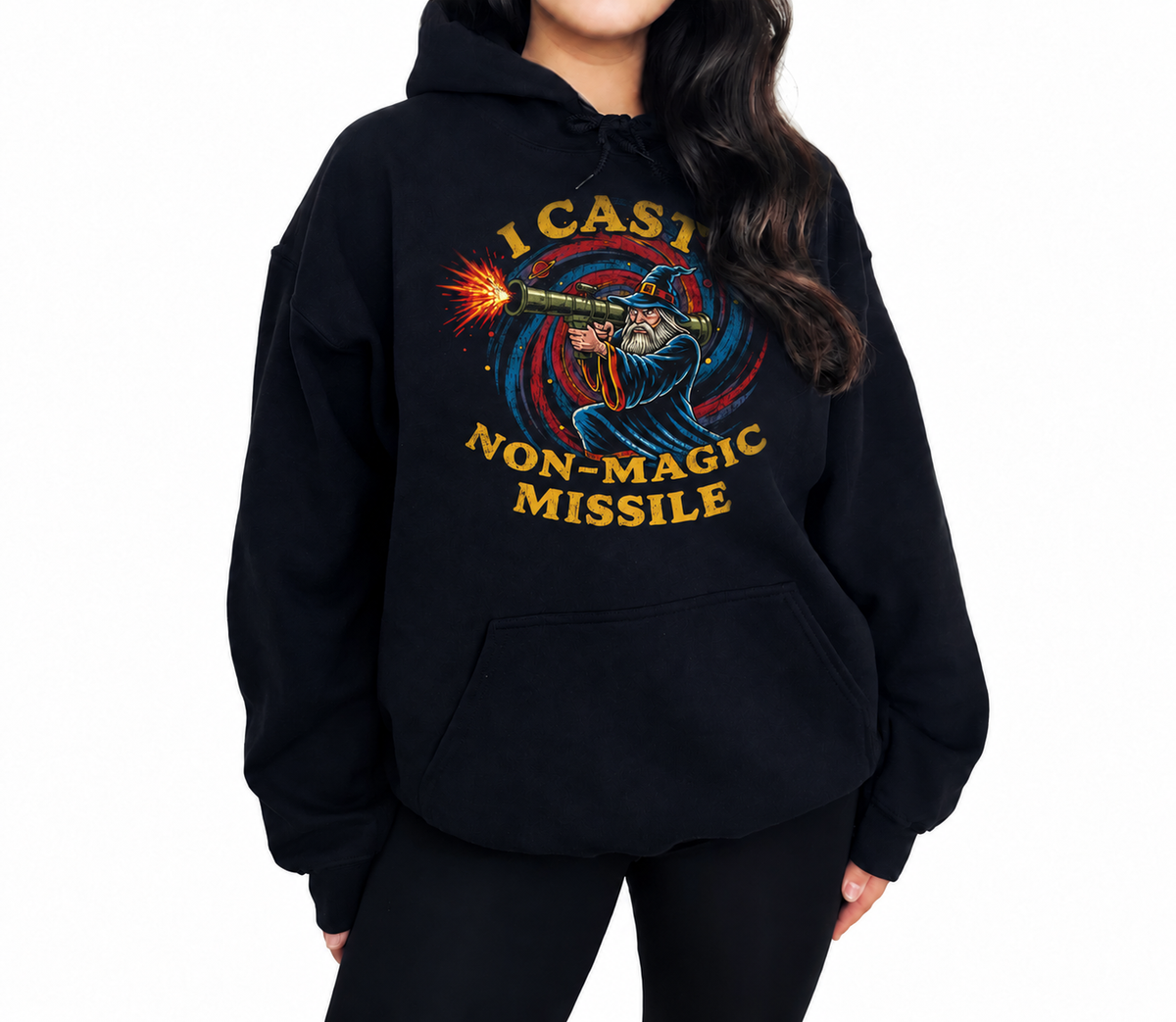 Female model wearing I Cast Non-Magic Missile black D&D hoodie