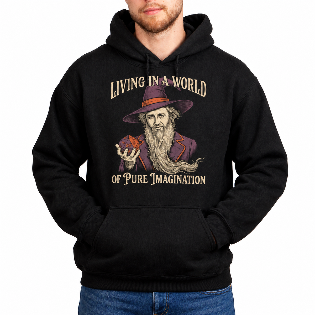 Male model wearing Pure Imagination black D&D hoodie