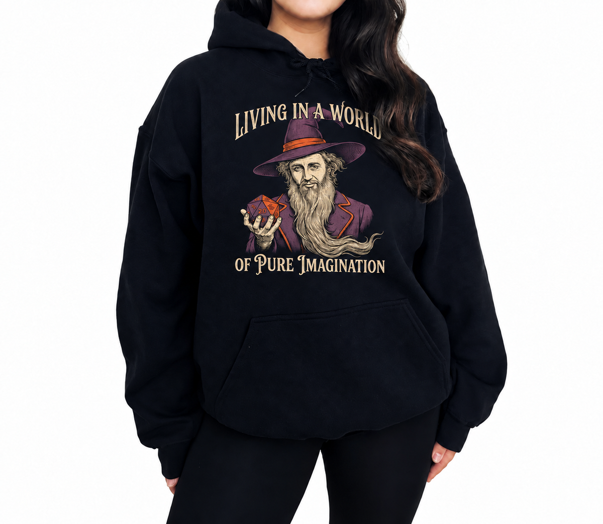 Female model wearing Pure Imagination black D&D hoodie