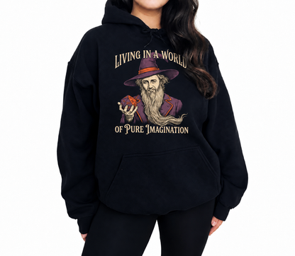 Female model wearing Pure Imagination black D&D hoodie