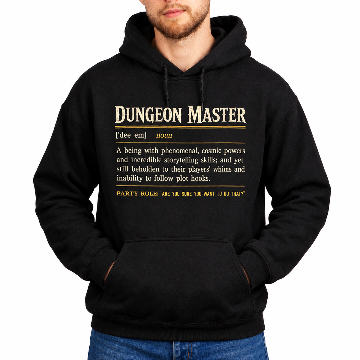 Male model wearing Dungeon Master Definition black D&D hoodie