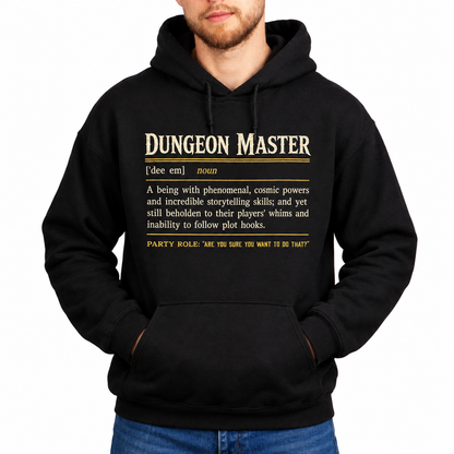 Male model wearing Dungeon Master Definition black D&D hoodie