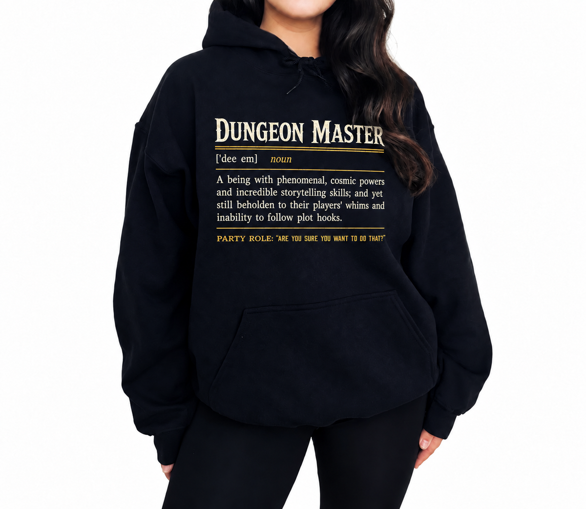 Female model wearing Dungeon Master Definition black D&D hoodie