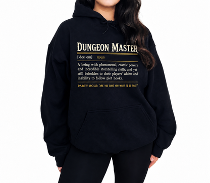 Female model wearing Dungeon Master Definition black D&D hoodie