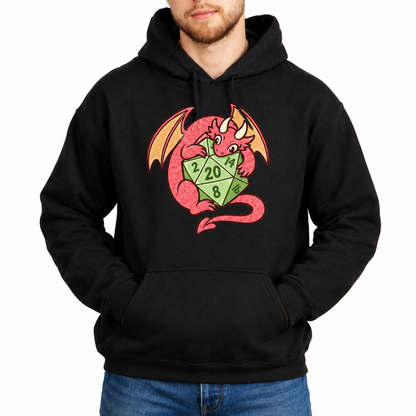 Male model wearing Dragon’s Lucky D20 black D&D hoodie