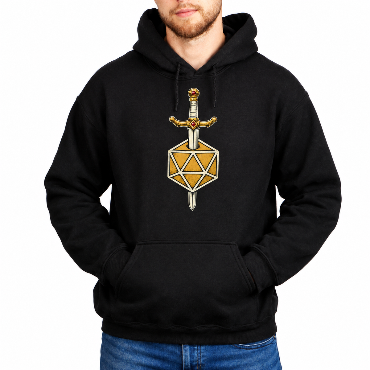 Male model wearing Sword & D20 black D&D hoodie