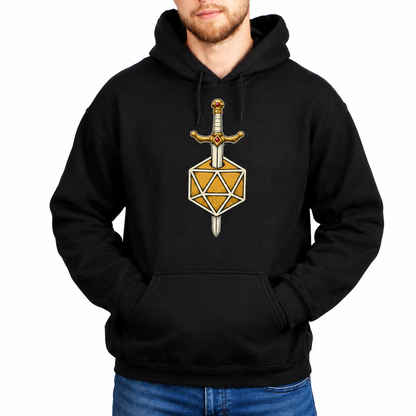 Male model wearing Sword & D20 black D&D hoodie