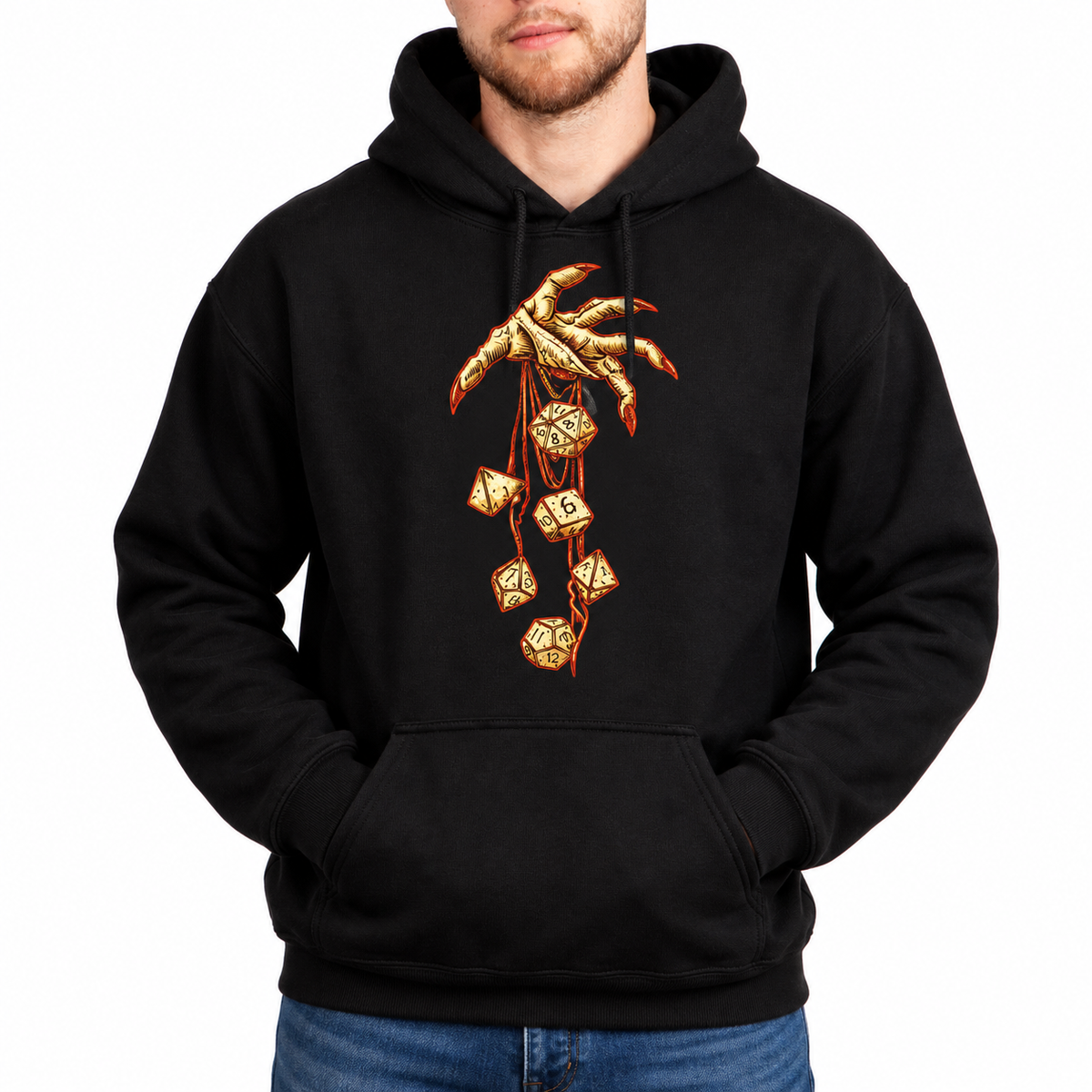 Male model wearing Roll of Fate black D&D hoodie