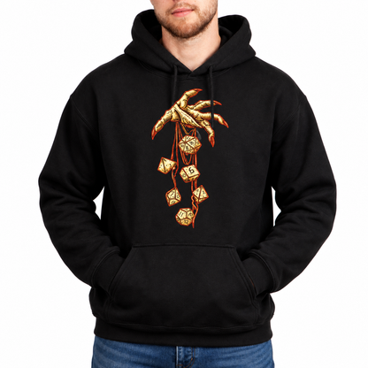 Male model wearing Roll of Fate black D&D hoodie