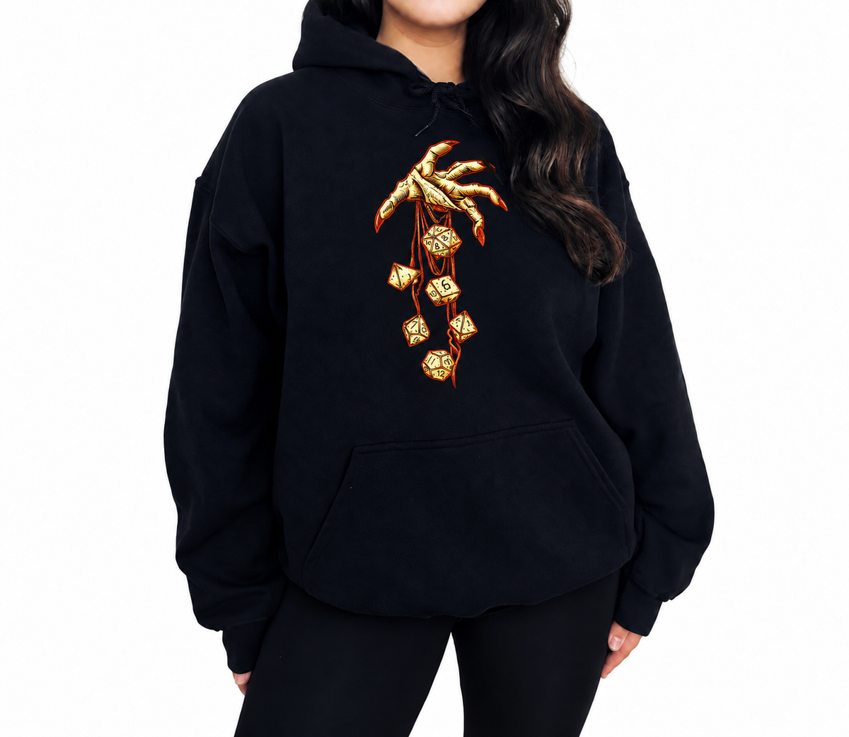 Female model wearing Roll of Fate black D&D hoodie