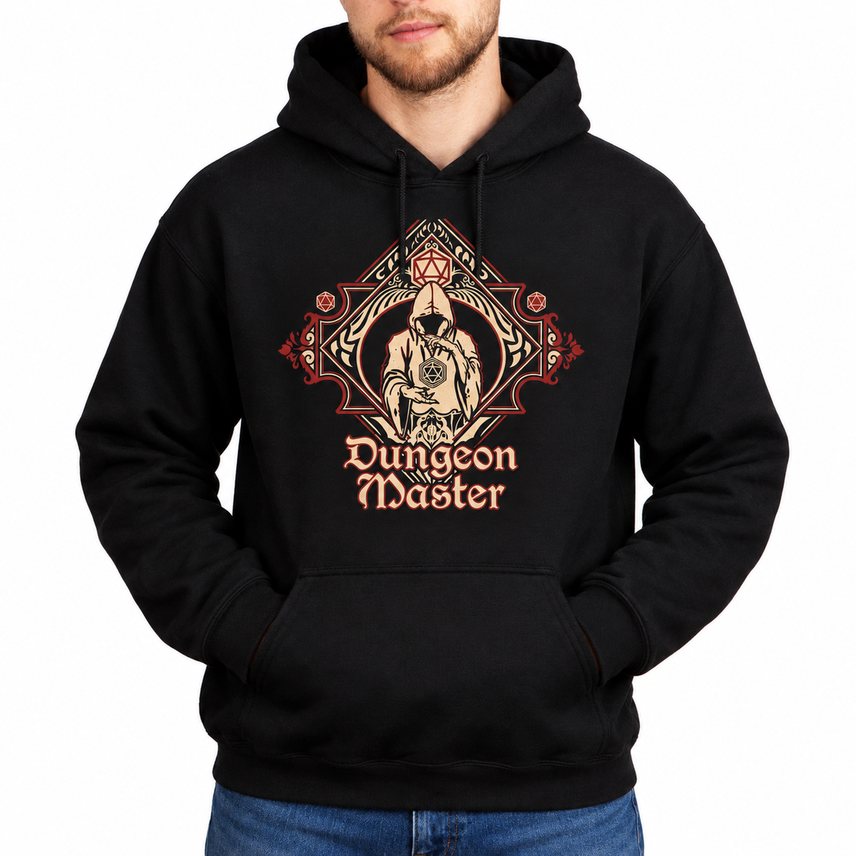 Male model wearing Dungeon Master black D&D hoodie