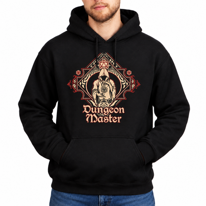 Male model wearing Dungeon Master black D&D hoodie