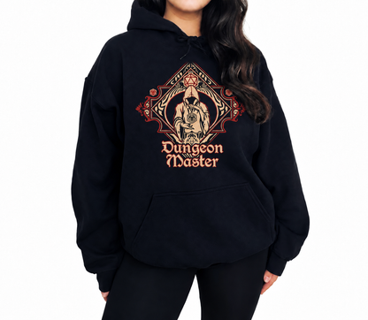 Female model wearing Dungeon Master black D&D hoodie