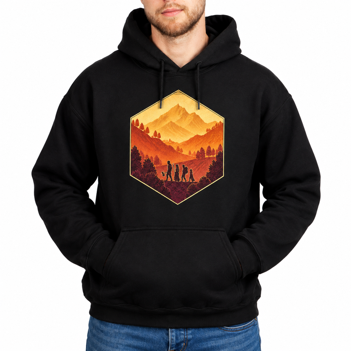 Male model wearing The Adventure Party black D&D hoodie