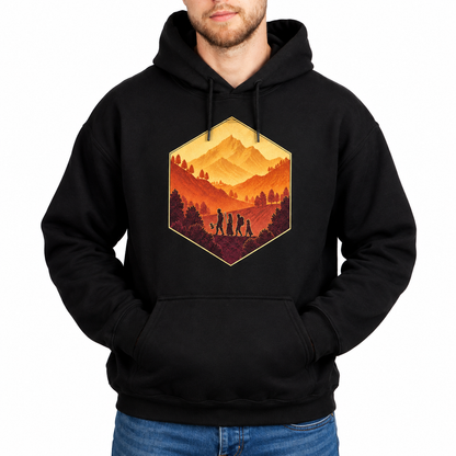 Male model wearing The Adventure Party black D&D hoodie