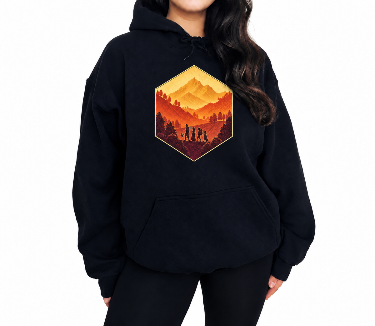 Female model wearing The Adventure Party black D&D hoodie