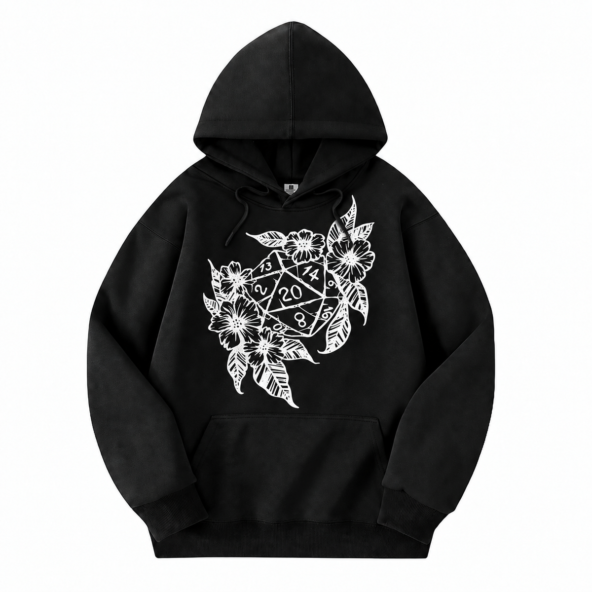Floral Dragon D20 black D&D hoodie front view