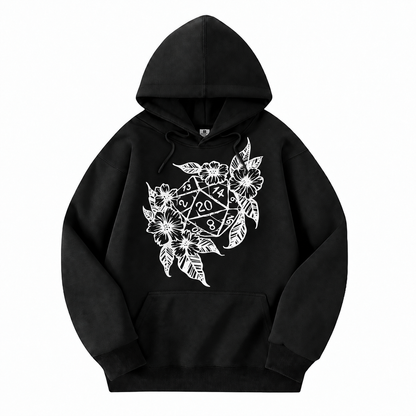Floral Dragon D20 black D&D hoodie front view