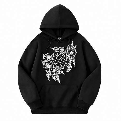 Floral Dragon D20 black D&D hoodie front view