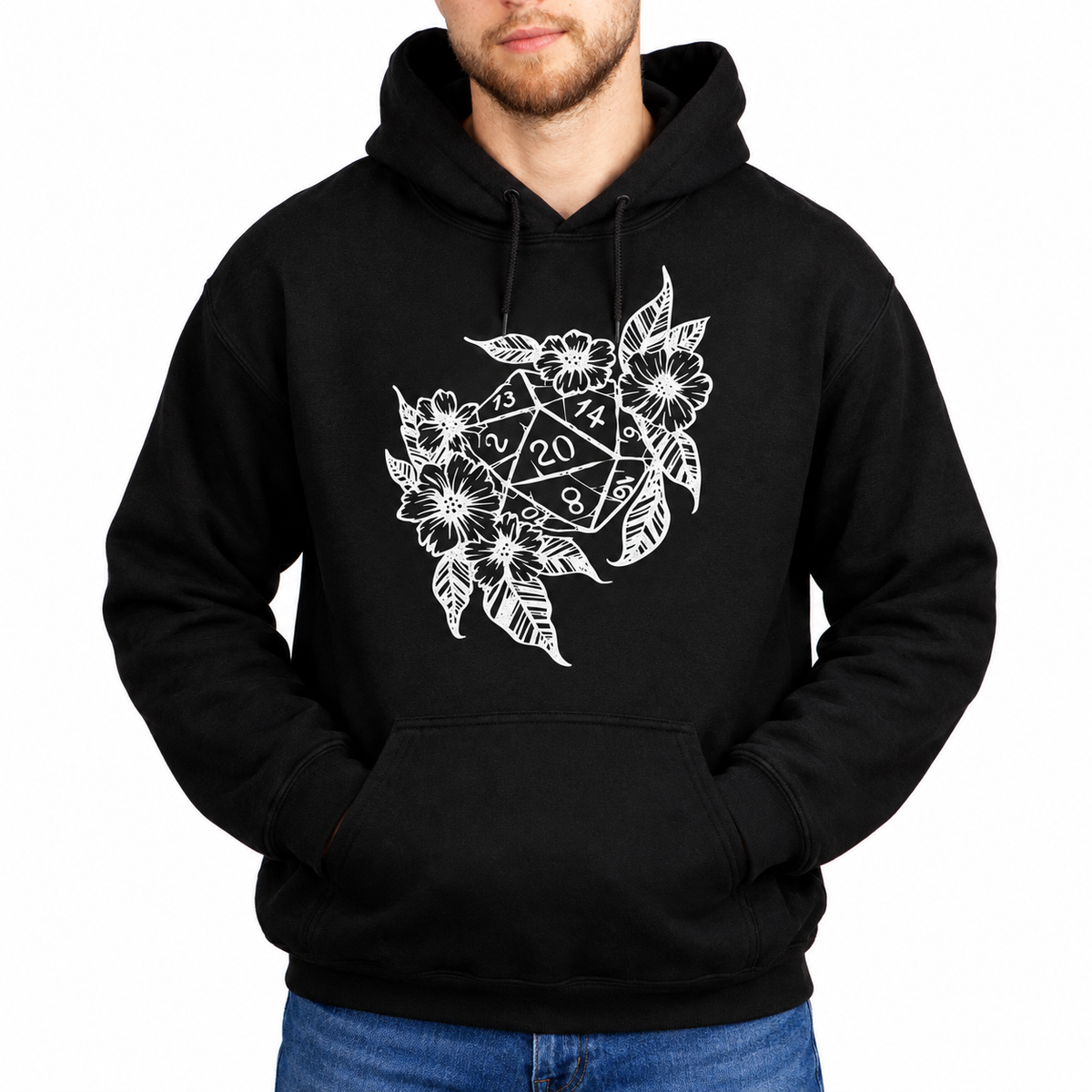 Male model wearing Floral Dragon D20 black D&D hoodie