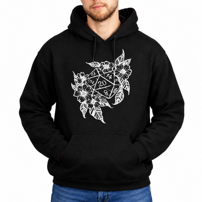 Male model wearing Floral Dragon D20 black D&D hoodie