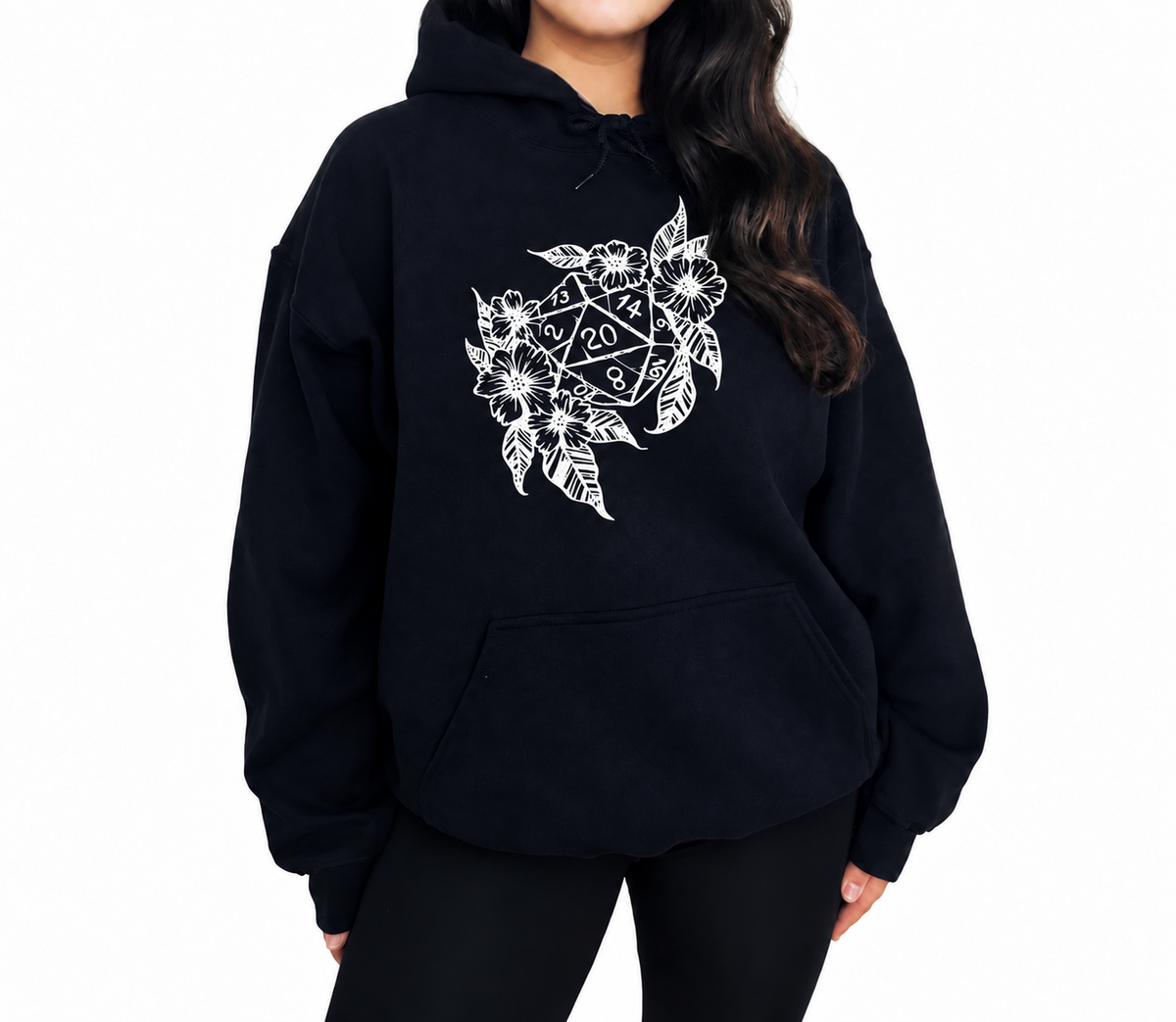Female model wearing Floral Dragon D20 black D&D hoodie
