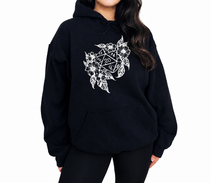 Female model wearing Floral Dragon D20 black D&D hoodie