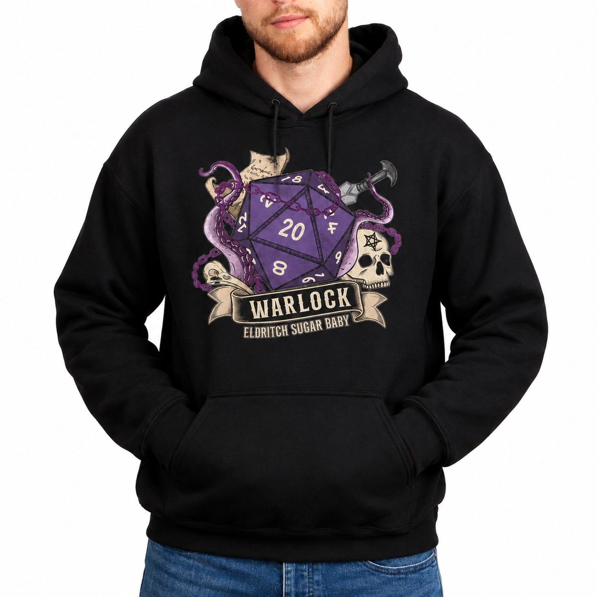 Male model wearing Eldritch Sugar Baby black D&D hoodie