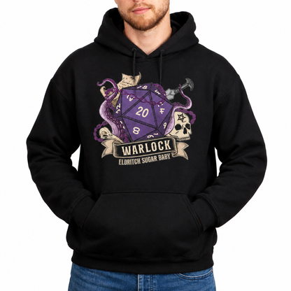 Male model wearing Eldritch Sugar Baby black D&D hoodie