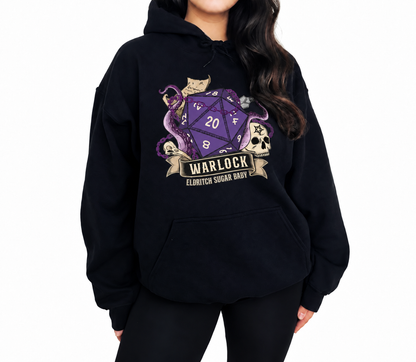 Female model wearing Eldritch Sugar Baby black D&D hoodie
