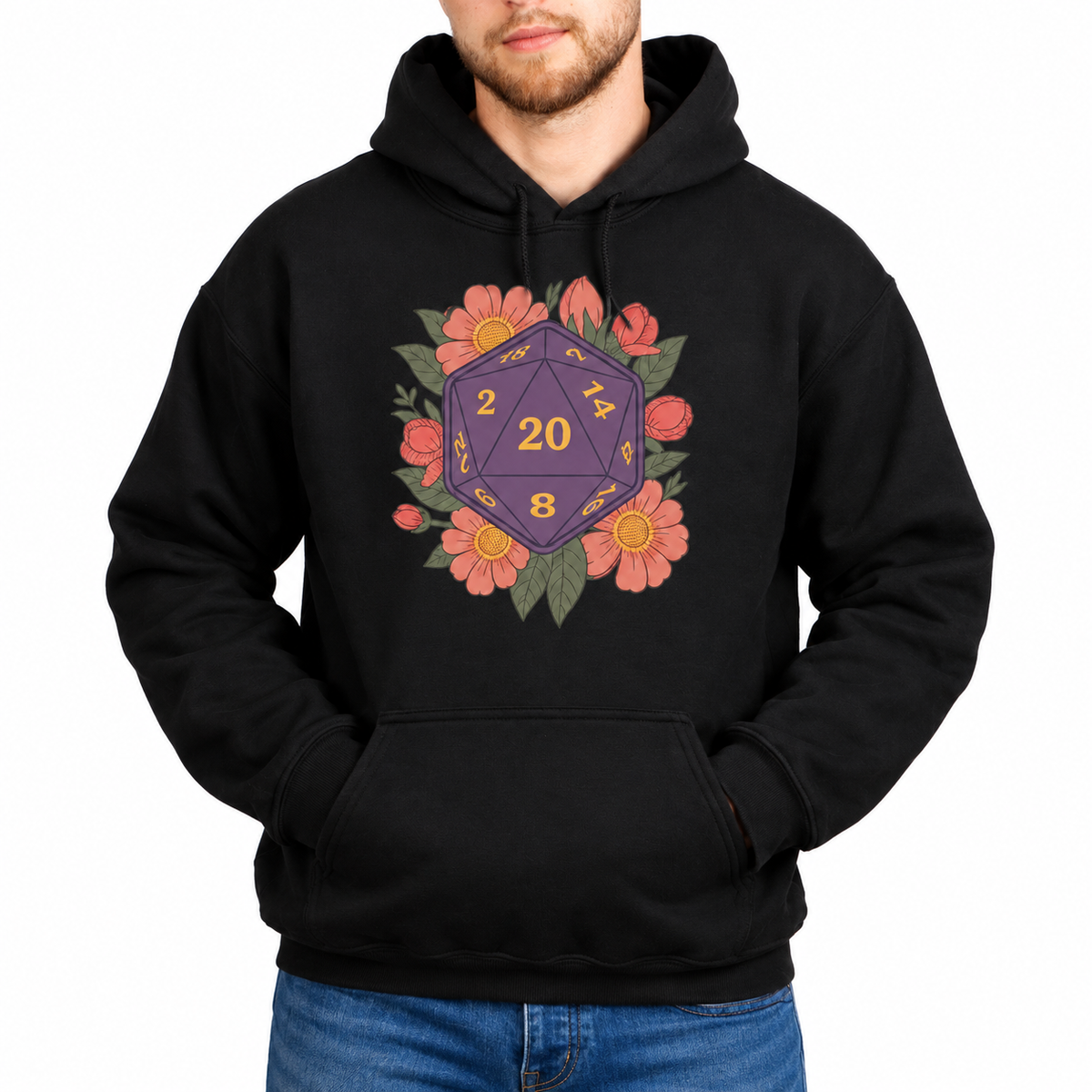 Male model wearing Floral D20 black D&D hoodie