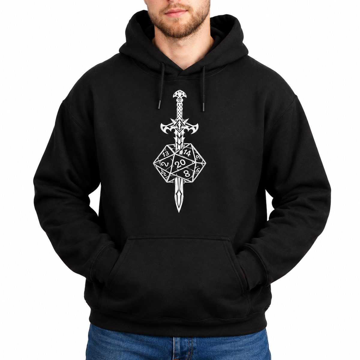 Male model wearing Sword & Dice black D&D hoodie