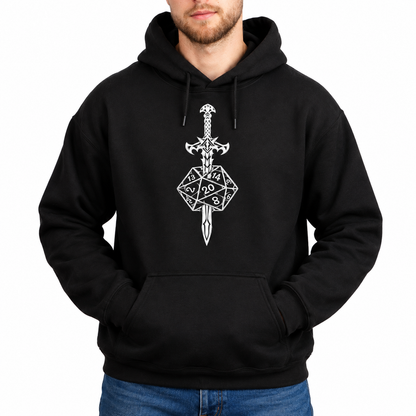 Male model wearing Sword & Dice black D&D hoodie