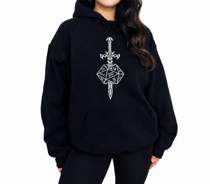 Female model wearing Sword & Dice black D&D hoodie