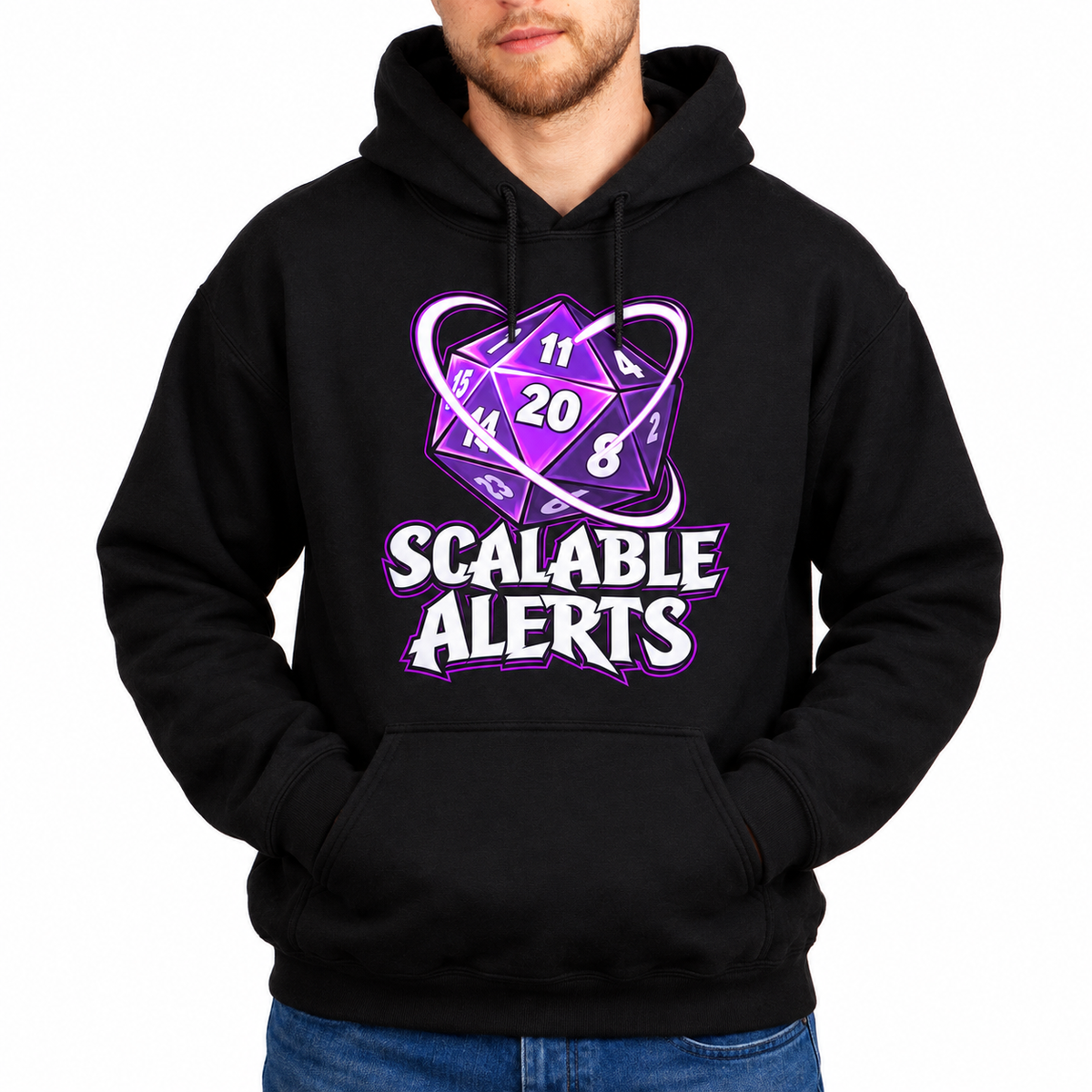 Male model wearing Scalable Alerts black D&D hoodie