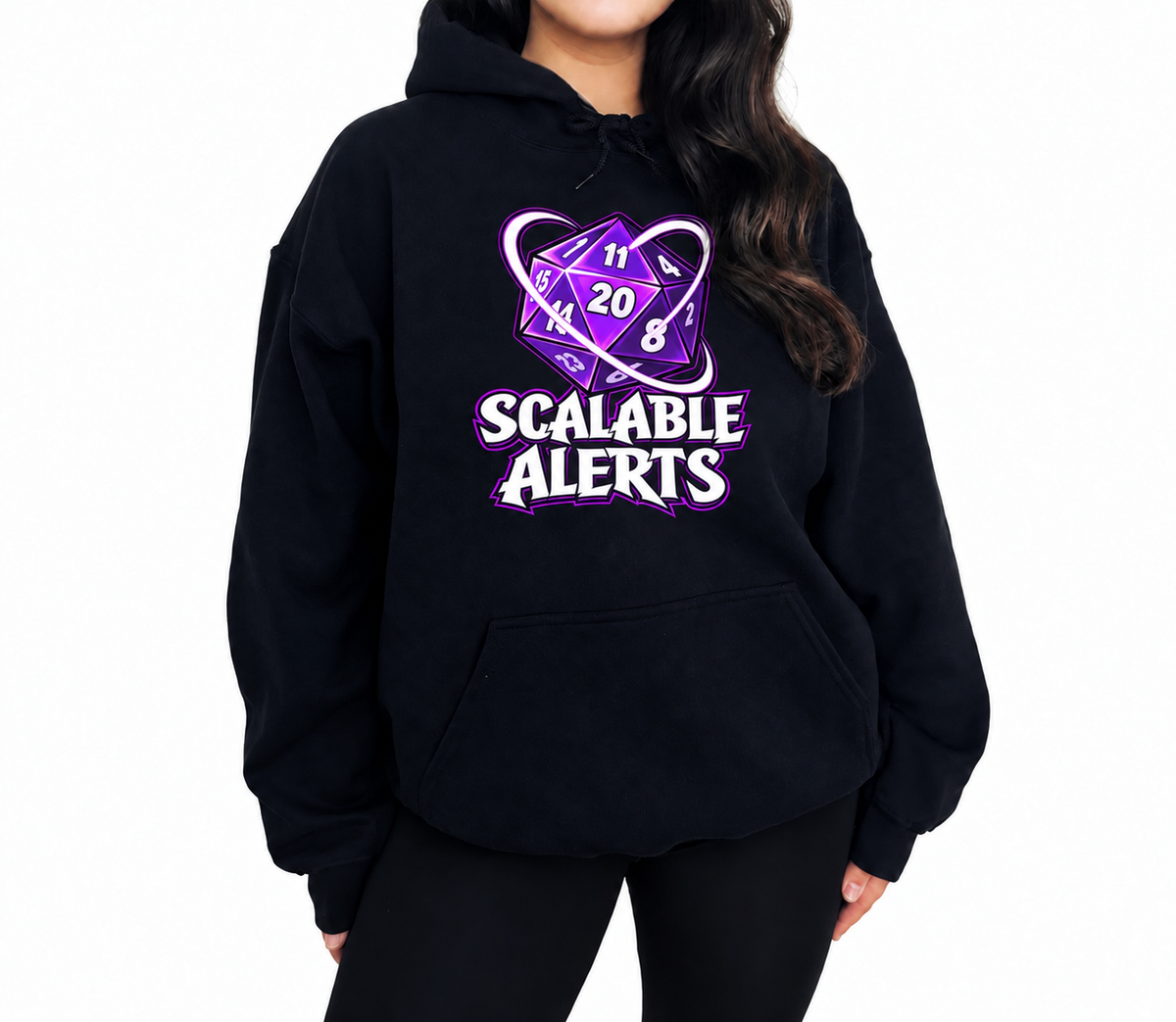 Female model wearing Scalable Alerts black D&D hoodie
