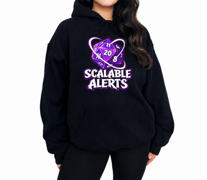 Female model wearing Scalable Alerts black D&D hoodie