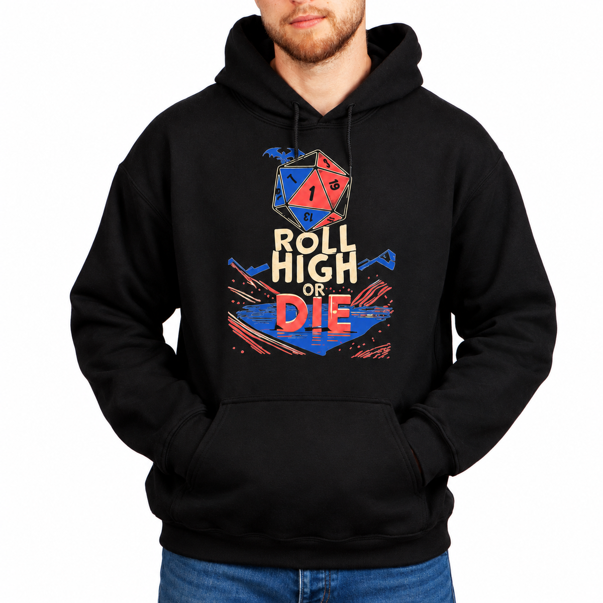 Male model wearing Roll High or Die black D&D hoodie
