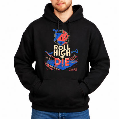 Male model wearing Roll High or Die black D&D hoodie