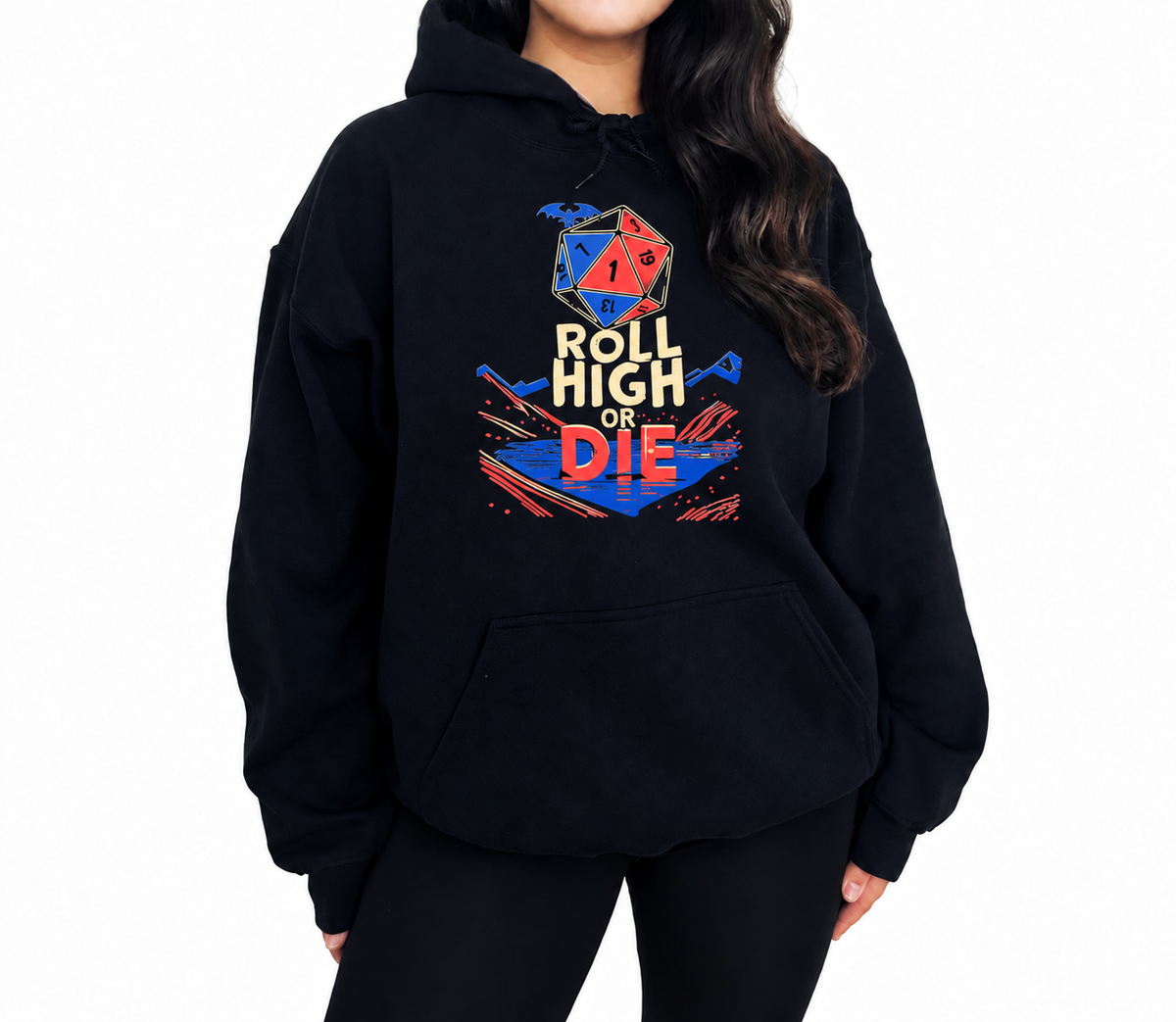 Female model wearing Roll High or Die black D&D hoodie