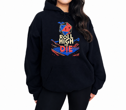 Female model wearing Roll High or Die black D&D hoodie