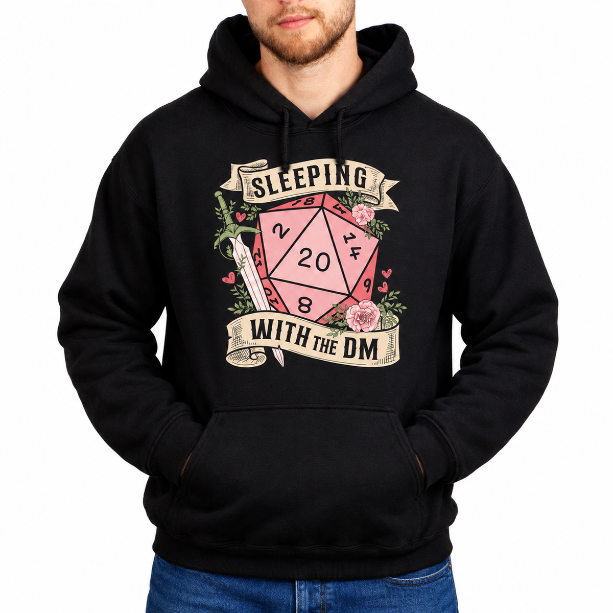 Male model wearing Sleeping with the DM black D&D hoodie