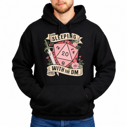 Male model wearing Sleeping with the DM black D&D hoodie
