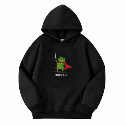 Huzzah Frog Knight black D&D hoodie front view